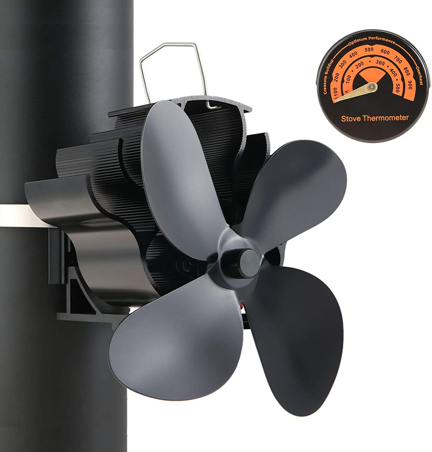 Heat Powered Stove Fan 4 Blades Flue Pipe Hanging Fireplace Fan for Wood Logs Burners Wood Stove Pipe Fan with Thermometer