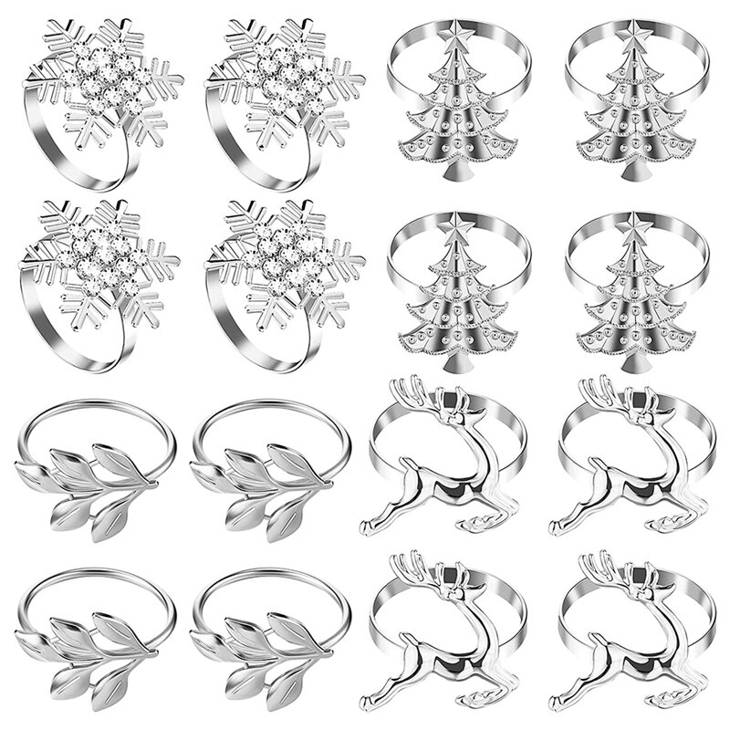 16Pcs Zilver Kerst Servetringen Sneeuwvlok Servetringen Decor Kerst Herten Servet Houders Bladeren Tafel Ringen Decor