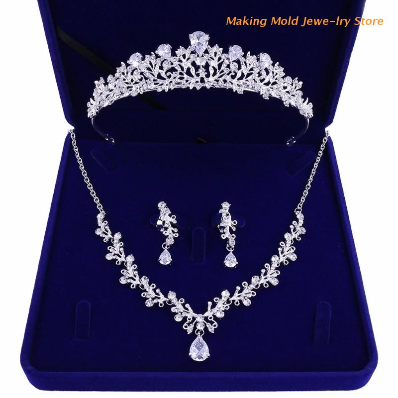 Bruids Sieraden Set Bruid Crystal Zirkoon Tiara Oorbellen Ketting Sets Voor Bruiloft Prom Party Match Met Trouwjurk R7RF: silver