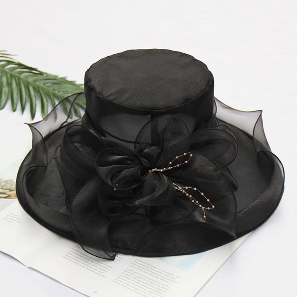 Sombreros elegantes de iglesia para mujer, gorros de fieltro de hilo de red Floral grande para mujer, sombreros de Sol de ala ancha de verano, gorros de fedora vintage