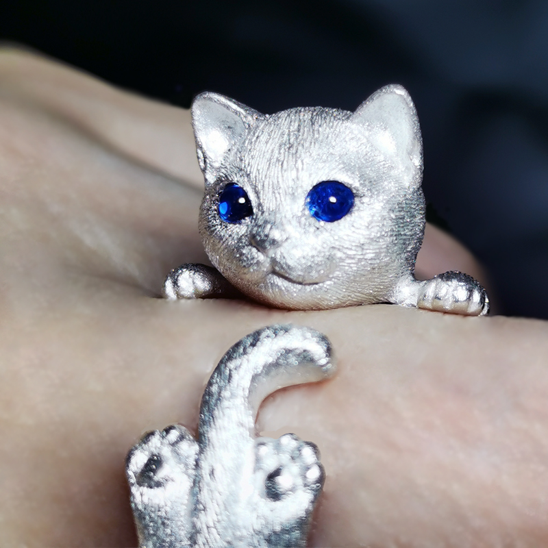 Anillo de gato lindo Ojo Azul Gato Anillo de dedo de piedras preciosas chapadas en plata de joyería Anillos de únicos Anillos de apertura punk ajustables: Default Title