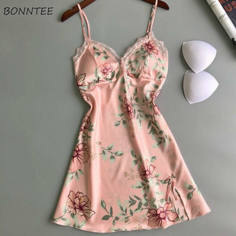 Nachthemden Vrouwen Mouwloze Bloem Printing Spaghetti Knielange Koreaanse Leisure Losse Elegante Womens Sleepshirt Nachtkleding