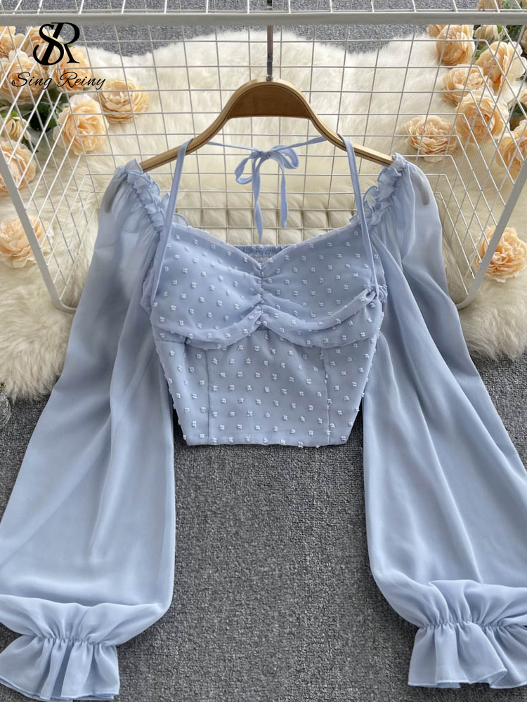 Singiny blusa curta dobrável de bolinhas, verão, gola slash, manga comprida, feminina, gravata halter, cintura elástica, moda praia francesa