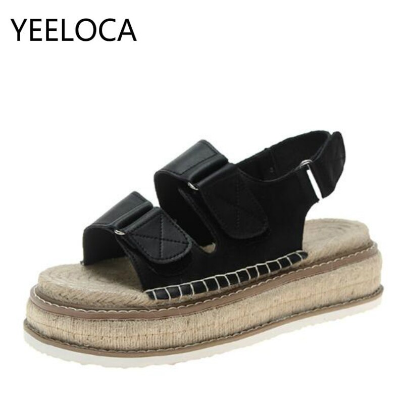 YEELOCA Sommer Neue Leinen Einlegesohle Offene spitze Leder Sandalen Hanf Plattform Sandalen Frauen Schuhe Fischer Haken & Schleife alias Mujer