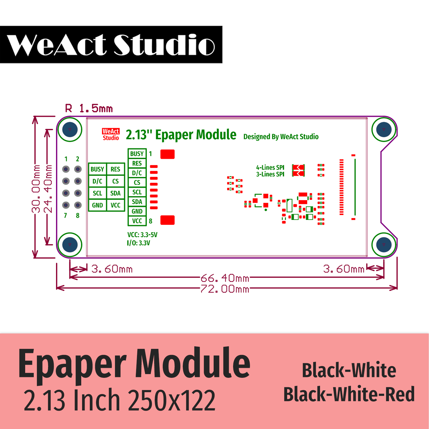 WeAct 2.9'' 2.13" 2.9 2.13 Inch Epaper Module E-paper E-Ink EInk Display Screen SPI Black-White Black-White-Red