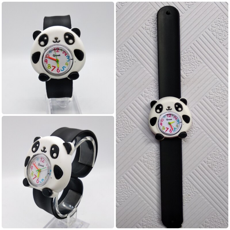 4 blandet tegneserie bi enhjørning mønster børn ure skildpadde slap pat ring ur børn quartz sport armbåndsur drenge piger ur: Panda sort