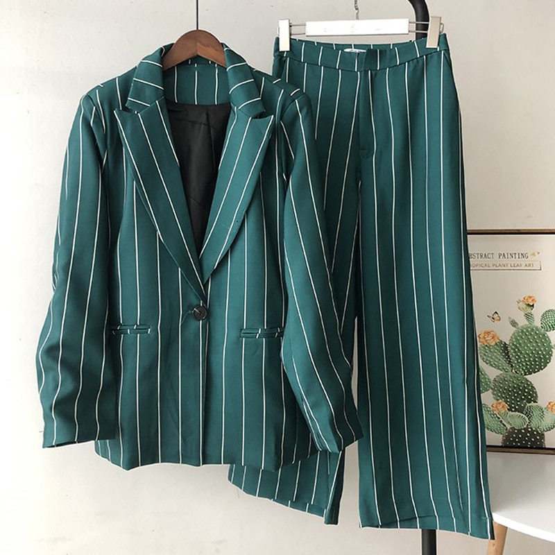 Kvinder buksedragter 2 stykke sæt stribet grøn blazer og jakke vintage stribede brede ben bukser kvinder smarte outfit dragter