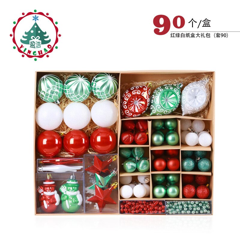 90 Stks/set Kerstballen Met Boom Top Sparkle Sterren Opknoping Bal Kerstballen Sneeuwvlok Kerstboom Decoratie Ballen Ornament: 90Pcs red green