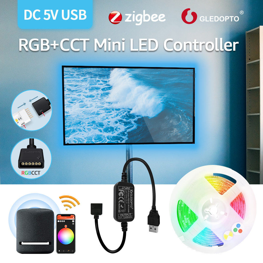 Zigbee Led Strip Controller Mini Dimmer DC5V Rgbcct Kleuren Strip Licht Usb Controller Hub App/Alexa Voice Control Led licht