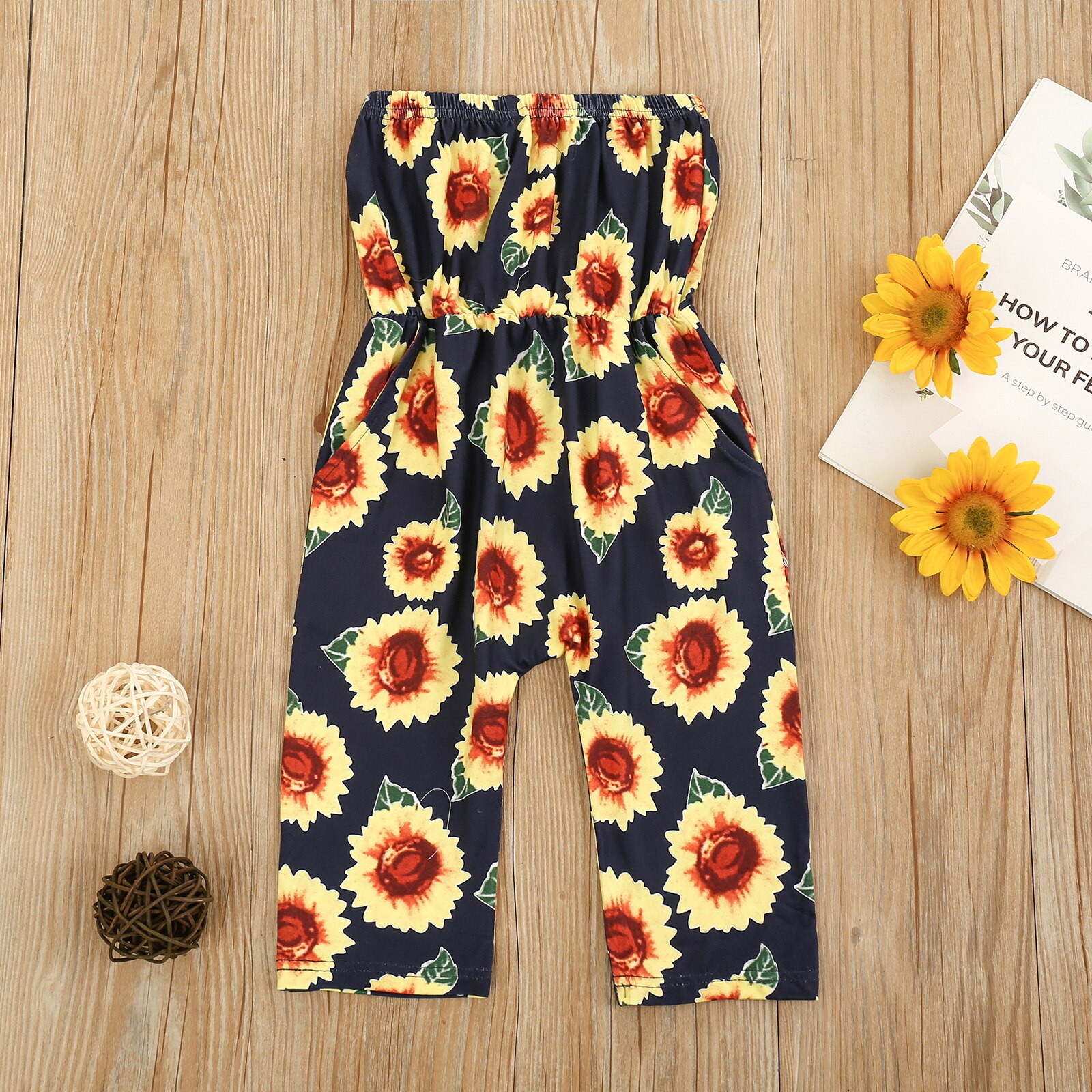 Zonnebloem Print Meisje Jumpsuits 2-7Y Kid Overalls Baby Girl Outfit Kleding Mouwloze Off Shoulder Romper Jumpsuit