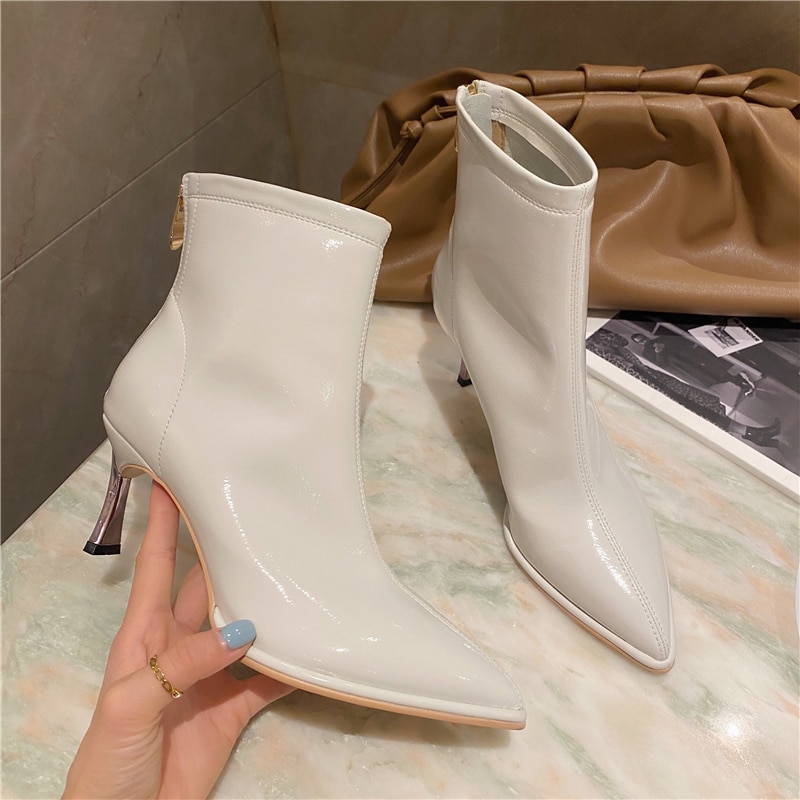 Dam lackkängor 6cm vita låga tunna höga klackar korta strumpor stövlar utomhus chelsea boots bota feminina