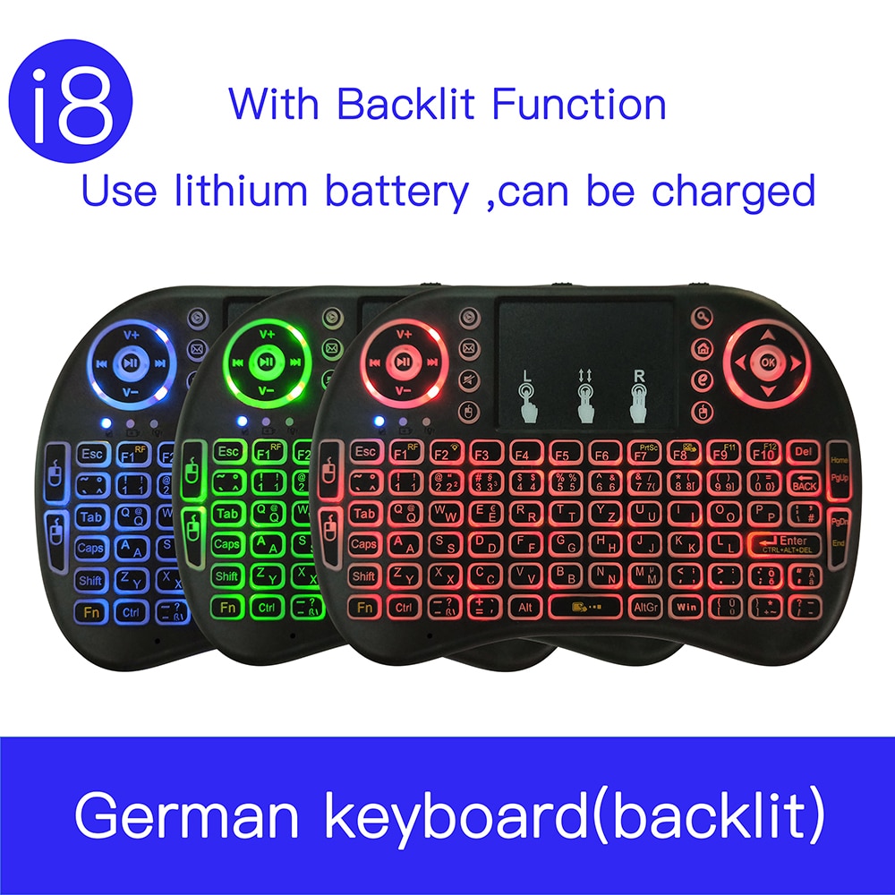 German i8 Backlight Mini Wireless Keyboard Deutsch 2.4GHz with Touchpad mouse for Raspberry Pi 3 RPI 2 Mini PC Smart TV Android