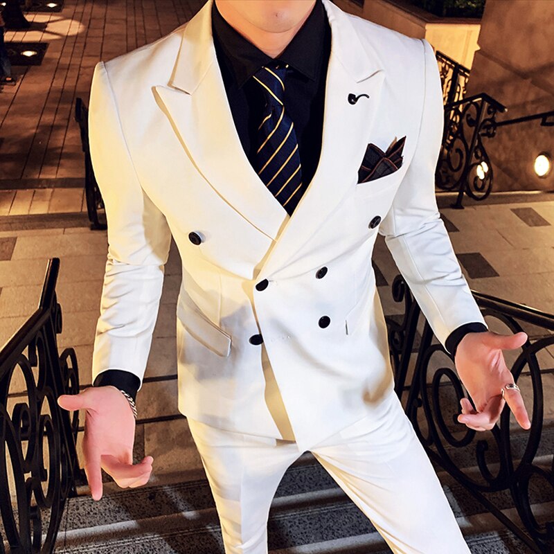 ( Jacket + Vest + Pants ) Boutique Solid Color Double Breasted Suit 3Pces Groom Wedding Dress Formal Suit: white / Asian M (EUR XXS)