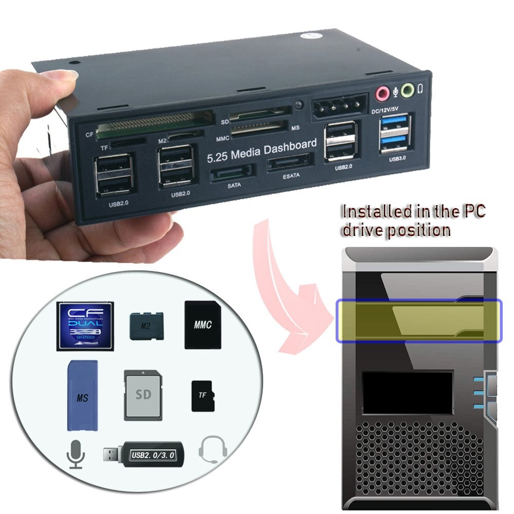 Panel frontal para tablero multimedia, lector de tarjetas de 5,25 pulgadas, USB 2,0, USB 3,0, 20 pines, e-sata, SATA