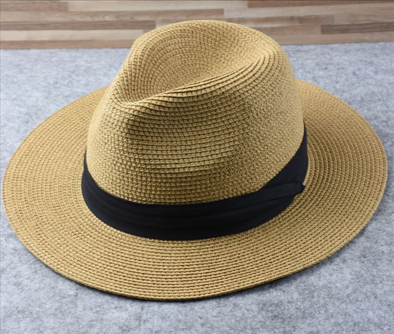 Sombreros panamá de ala ancha para hombre, sombrero de paja de ala ancha para playa, de verano, Fedora de talla grande, 55-57cm, 58-60cm, 61-64cm: Khaki / 55-57cm