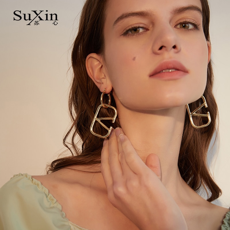 Suxin Mode Eenvoudige Retro Barokke Oorbellen Voor Vrouwen Lange Legering V-Vormige Hanger Oorbellen Sieraden