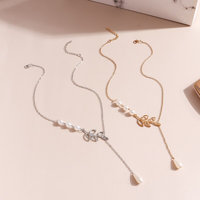 Jahrgang Perle Kette Halsketten Anhänger für Frauen Mädchen Metall Hohlen Baum Blatt Halsketten Charme Collares Schmuck