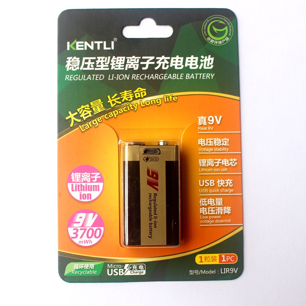 Kentli – batterie lithium-polymère rechargeable, usb, 9V, 3700mwh