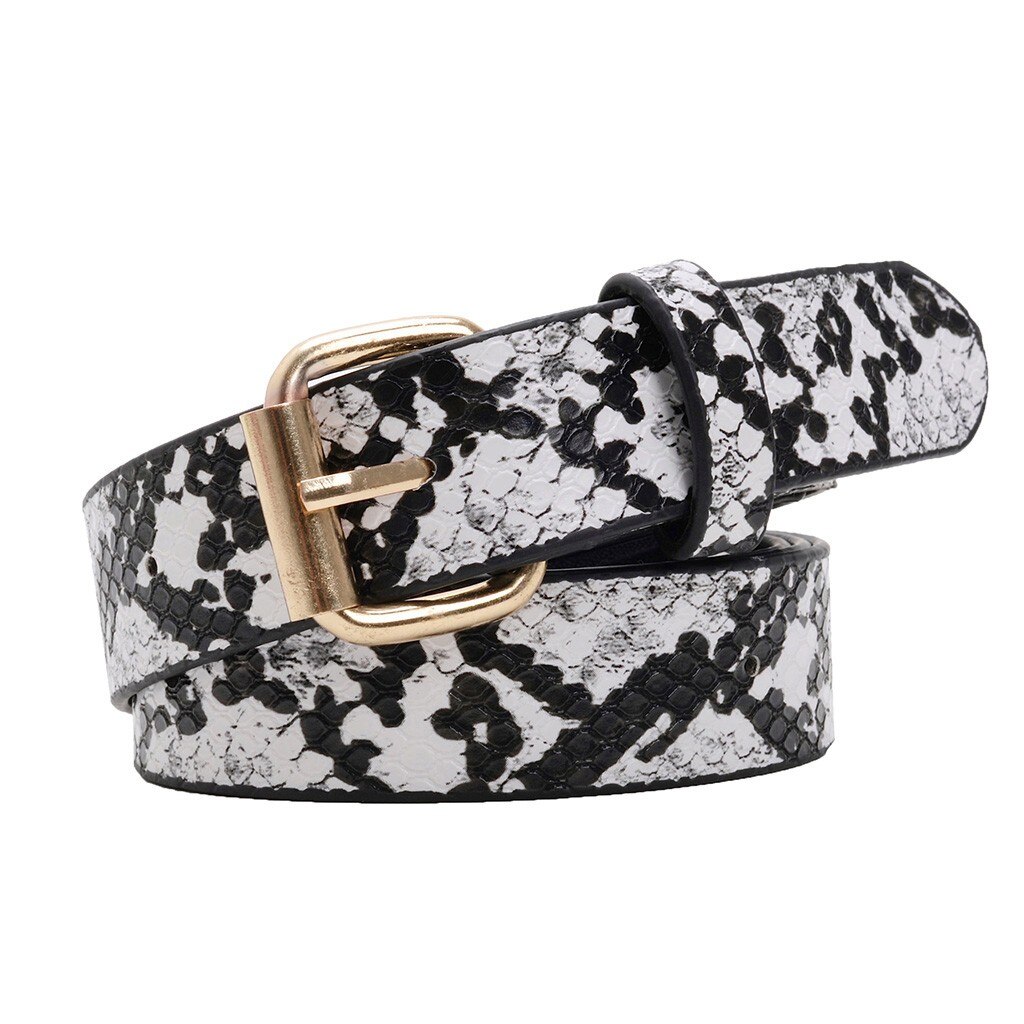 Skóra węża paski drukowane dla kobiet złoty kwadrat ze sprzączką pas Pu skórzany pasek kobiety wzór wężowy sukienka dżinsy skórzany pas: biały 