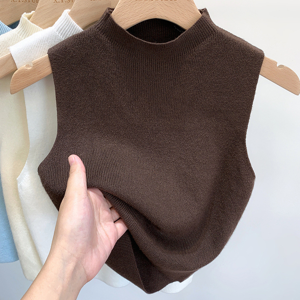 Camiseta sin mangas para mujer, camisetas tejidas de Color sólido, Top corto, camisola, suéter medio cuello alto, sin mangas para primavera y otoño: COFFEE