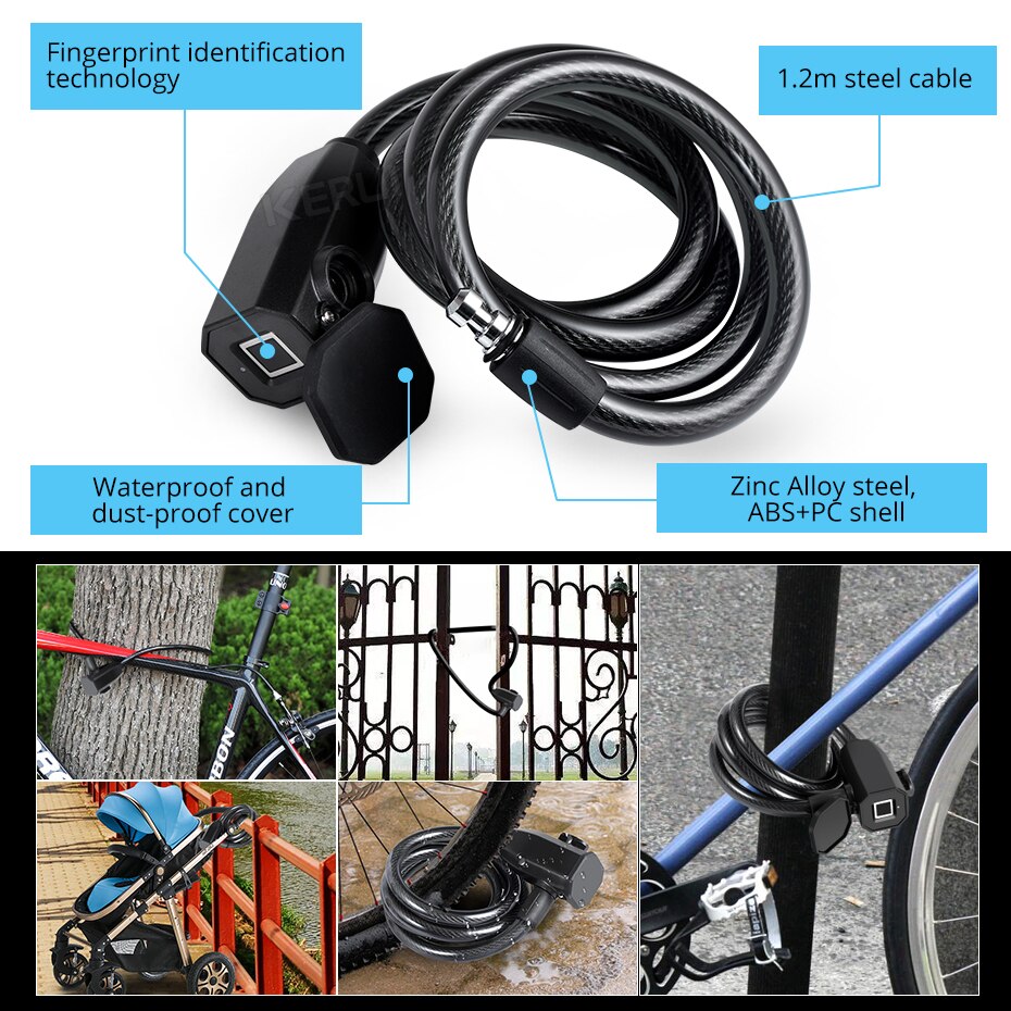 KERUI-cerradura inteligente antirrobo con huella dactilar, para motocicleta, coche eléctrico, candado con Cable para bicicleta y exterior