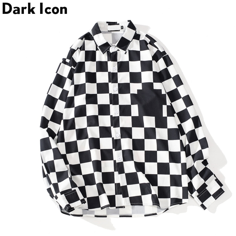 Dark Icon-camisetas a cuadros con estampado interesante para hombre, camisas de manga larga Oversize a cuadros, ropa de calle, camisas Hipster, otoño