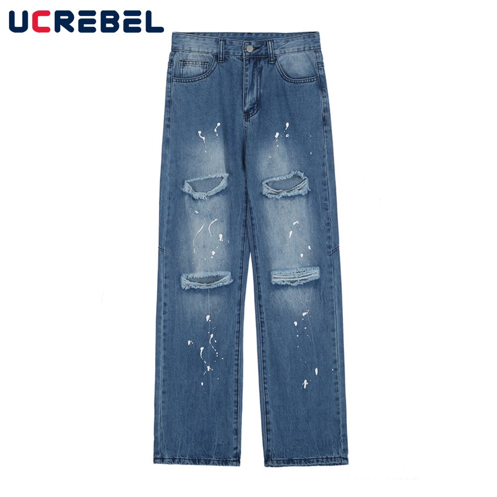 Ripped Splash Inkt Print Denim Broek Heren High Street Casual Losse Rechte Pijpen Broek Streetwear Verontruste Jeans Broek Mannen