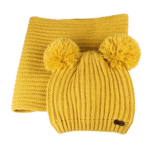 Furtalk lasten talvihattu ja huivisetti lapsille lämmin talvi kaksinkertainen pom pom hattu poikavauva tytöt fleece neulottu pipo hattu ja huivi: Keltainen