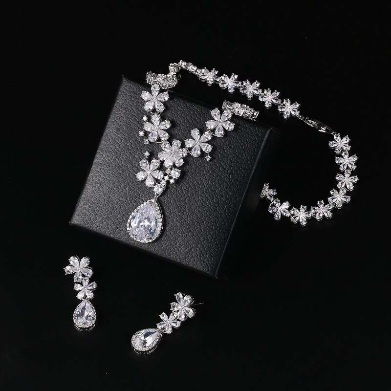 Flower Cubic Zirconia Crystal Necklace and Earrings Wedding Set Bridal Bridesmaid Jewelry