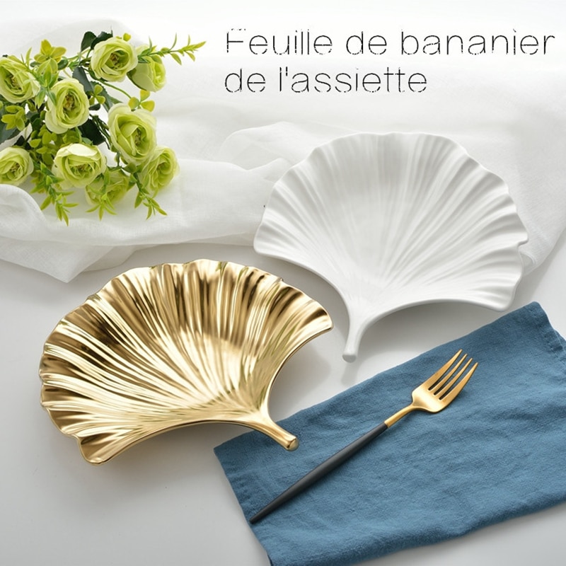 Kształt liścia płytki talerz s Ginkgo Biloba obiadowy talerz ceramiczny płytki talerz maselniczka żywności talerzyk deserowy miska złota wkładka liść talerz śniadaniowy