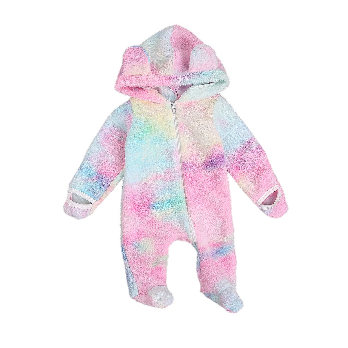 Lijst babymeisjes jongen lange mouwen voetbal jumpsuit capuchon badstof berenoren gradiënt kleur dikke warme lentekleding: Multi / 6m