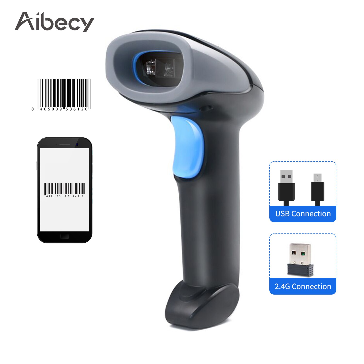 Aibecy 2.4G Draadloze 1D Code Scanner &amp; Usb Bedrade Bar Code Reader Handheld Barcode Scanner Voor Supermarkt Retail Magazijn