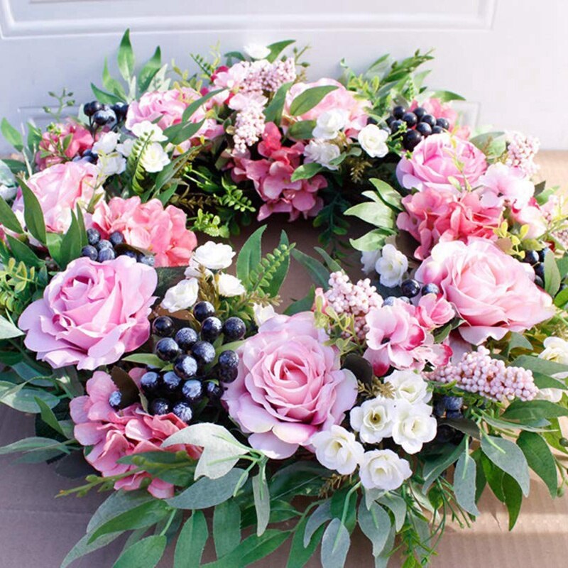 55cm Rose Wreath, Large Rustic Farmhouse Decorative Artificial Flower Wreath, Faux Floral Wreath for Front Door Window Wedding O