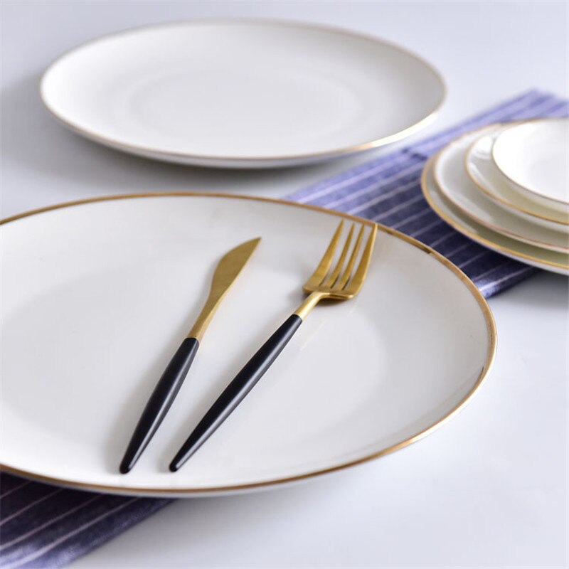 Brief Solid Round Ceramic Plate Bone China Golden Edge Dinner Plate Porcelain Household Breakfast Dishes Steak Tray Snack Plate