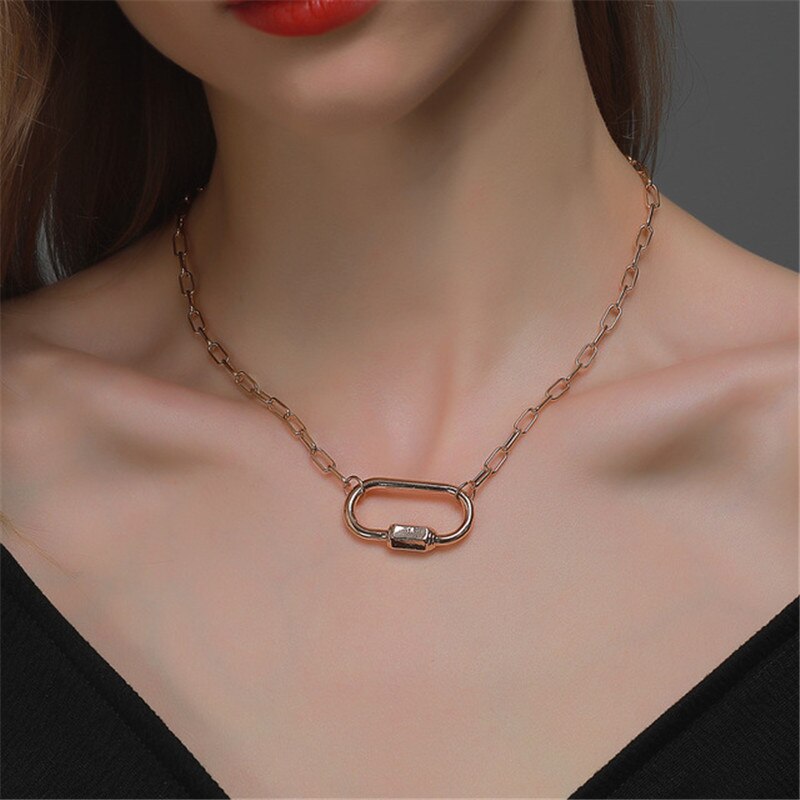 Retro Screw Buckle Necklace For Women Men Geometric Climbing Button Carabiner Couple's Necklace Short Chain Jewellery