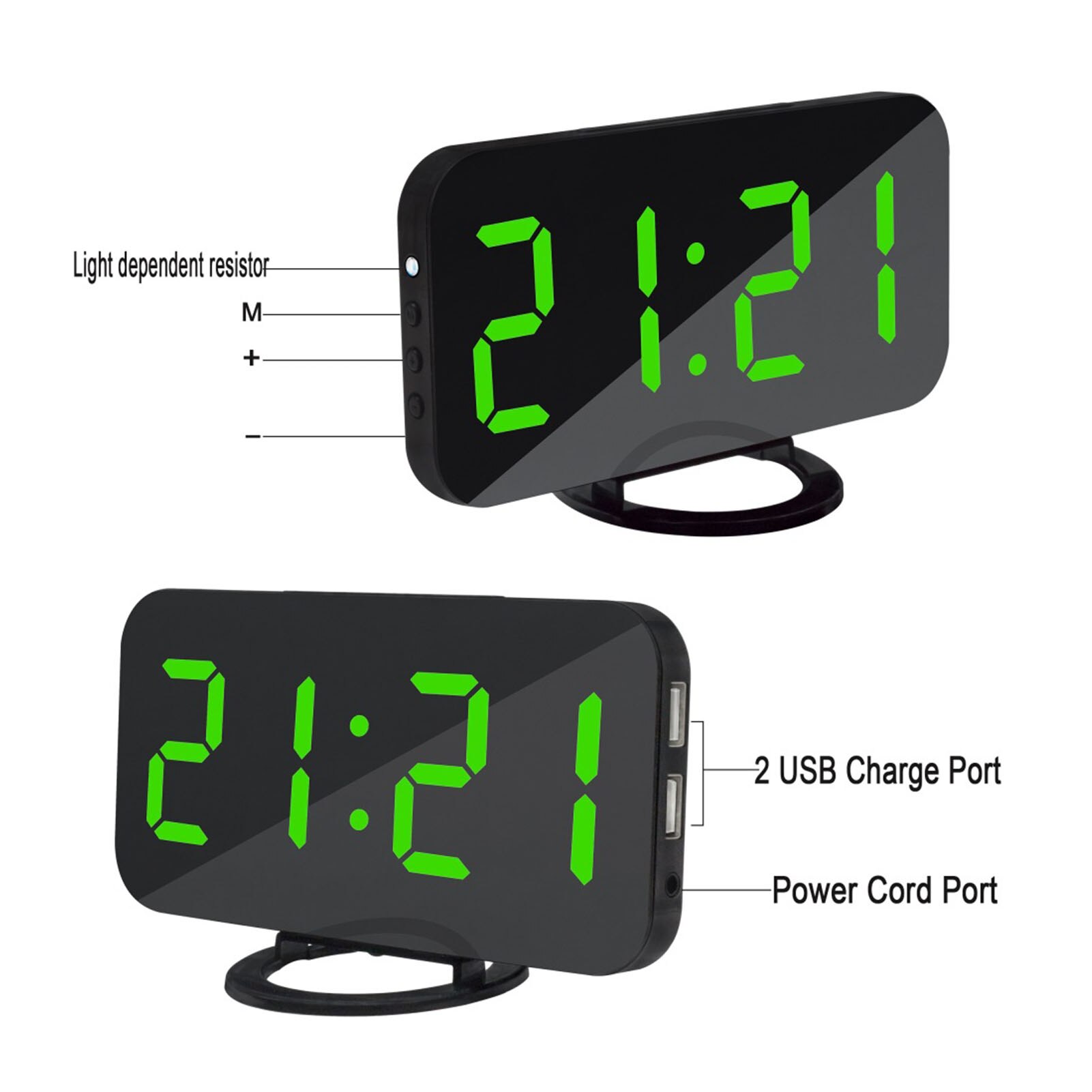 Digital LED Mirror Alarm Clock Dimmable Night Mode Bedside Clock