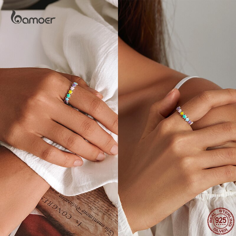 Bamoer Mode Kleur Star Silver Ring Voor Vrouwen Echt 925 Sterling Zilveren Stapelbaar Regenboog Ring Trendy Casual Sieraden