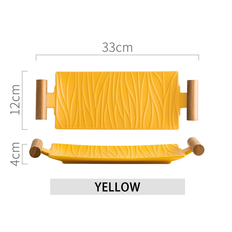 Nordic Ceramic Rectangular Sushi Long Plate Dessert Cake Snack Salmon Roast Meat Chicken Wings Plate With Handle Dinnerware: YELLOW