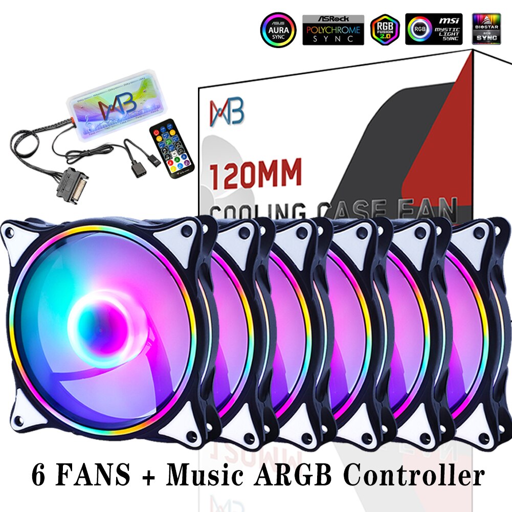 WOVIBO-Ventilador ARGB SYNC RGB de 120mm, Ventilador de refrigeración arcoíris, carcasa de ordenador, chasis, 5V, ajuste silencioso, 12cm Aura: 6Fans wish Music