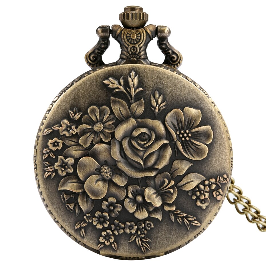Brons Rose Bloemblaadje Hanger Retro Bloei Bloemen Vrouwen Quartz Pocket Horloges Dames Fob Ketting Ketting Sieraden Klok: Default Title