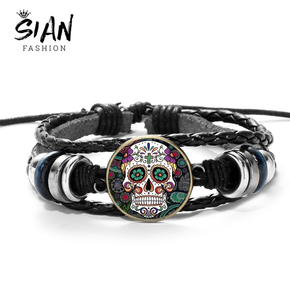 SIAN Sugar Skull Mexico Folk Art Patterns Bracelet Multilayer Braided PU Leather Bracelet Men Women Day of The Dead Special