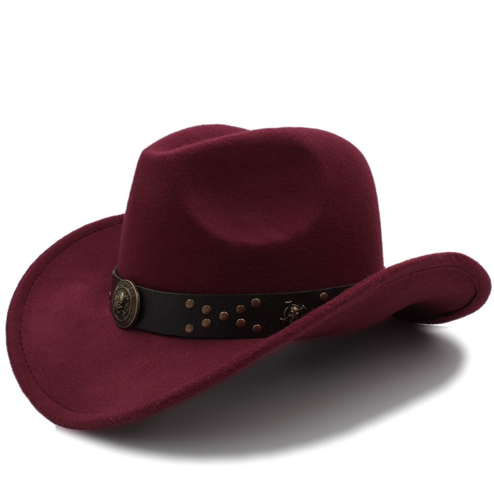 Klassisk kvinder uld chapeu western cowboy hat vinter efterår dame dronning jazz cowgirl sombrero hombre steampunk cap størrelse 56-58cm: Rødvin