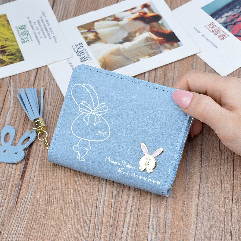 Tegnebog kvinders korte lynlås tegnebog studerende koreansk stil sød kanin mini nøglepung kvinder afslappet kvast små tegnebøger: Blå