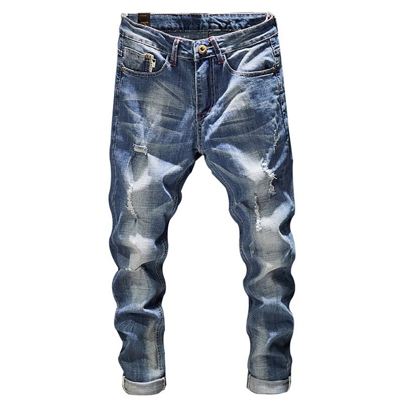 herren Jeans Löcher Ausgefranste Hiphop Zerrissene Licht Blau Dünne strecken Schlank Bein Streetwear betrübt Moto Radfahrer Jeans Männlichen Denim: hell Blau / 36