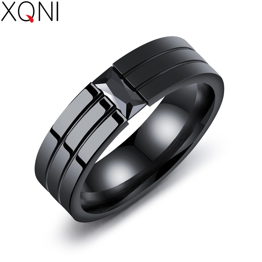 XQNI Full Black Stainless Steel Rings For Men With Zircon & Groove 6MM Width Male Boy Ring Jewelry Birthday Party