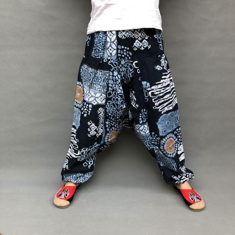 Zomer herenbroek bloomer etnische stijl thaise katoen en linnen dansbroek losse dongba broek nepalese broek met groot kruis: Blauwe strepen