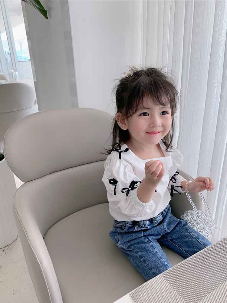 Autumn Girls Long Sleeve White Blouses with Bow Kids Cotton Tops Girls Tops