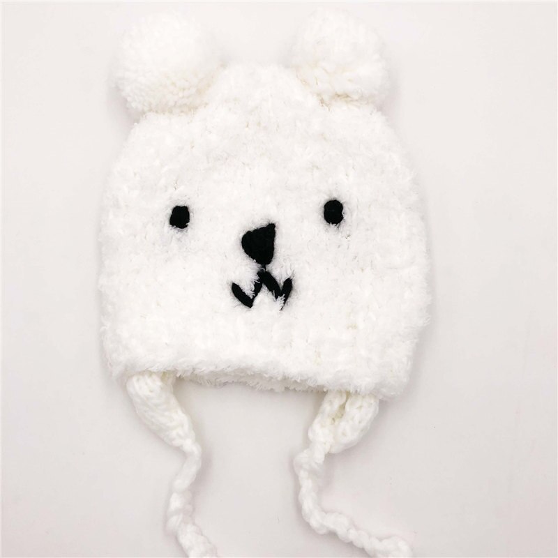 Lovely Bear Baby Hat Winter Warm Ear Protection Cartoon Children Hat Double Pompom Kids Girl Boy Beanie Cap: 6M-3Y white