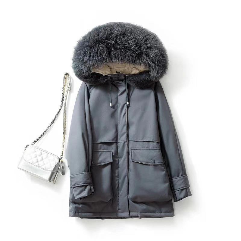 Lusumily Nieuwkomers Extra Grote Fur Hooded Winter Wit Donsjack Vrouwen-20 Graden Thicken Parka Warm Sash Tie up Sneeuw Jas: Gray / L