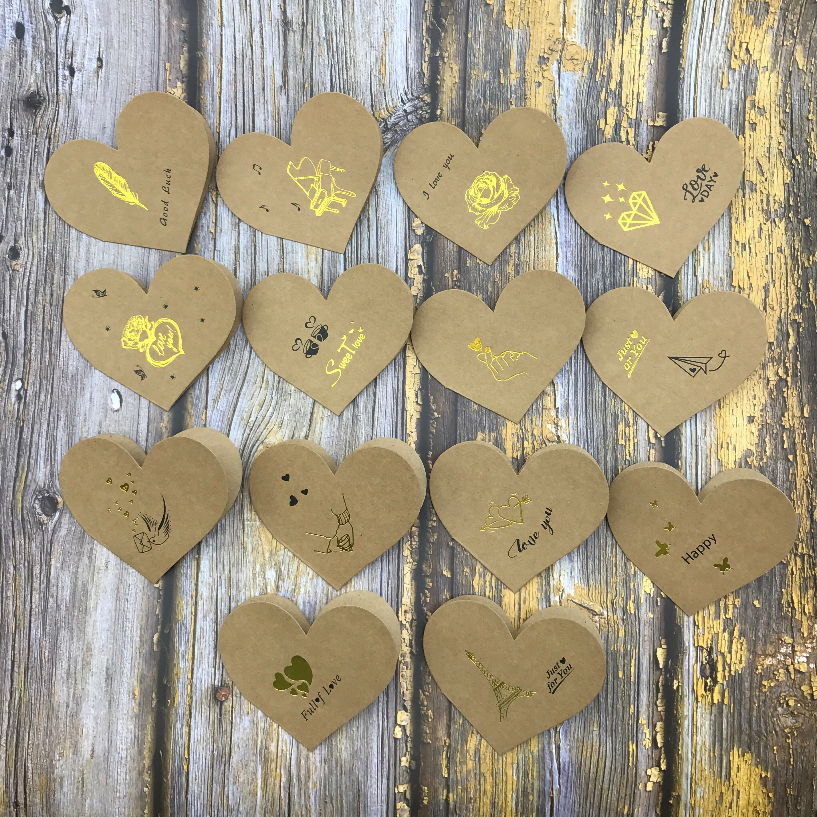 14pcs/lot Handwritten Heart Shape Postcard Kraft Paper Greeting Card with Gold Printing DIY Wedding Invitations Blank Love Card